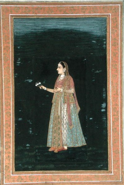 Dam som håller blommor, från Small Clive Album (ogenomskinlig akvarell på papper) av School Mughal