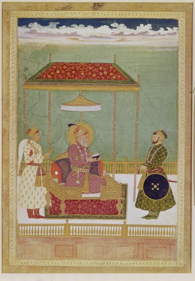 Porträtt av Shah Aurangzeb med en man, möjligen Ashraf Khan, tidigt 1700-tal (Ogenomskinlig akvarell, bläck och guld på papper) av School Mughal