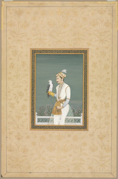 Porträtt av en prins med en hök av School Mughal