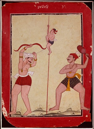 Tre idrottare under träning (rep, bågskytte och snöskospel) (miniatyr av School Mughal