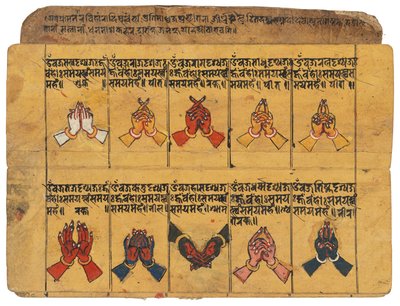 En Thyasapu-manuskript med ikonografiska illustrationer av mudras, Nepal av School Nepalese