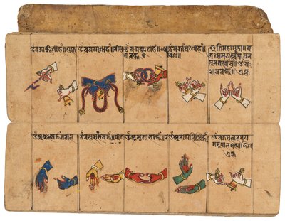 En Thyasapu-manuskript med ikonografiska illustrationer av mudras, Nepal av School Nepalese