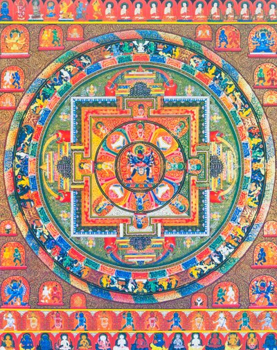 Chakrasambhara Mandala, föreställande huvudguden Sambhara som omfamnar sin gemål Vajrabarahi och symboliserar föreningen av visdom och praktik för att uppnå högsta salighet (gouache på duk) av School Nepalese
