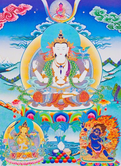 Bild som föreställer Chenresi, herren över de sex stavelserna "Om Mani Padme Hum" (gouache på tyg) av School Nepalese