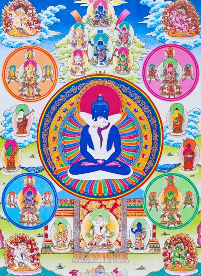 Bild som föreställer Samantabhadra, tillsammans med sin gemål, symboliserar enhet med det absoluta (gouache på tyg) av School Nepalese