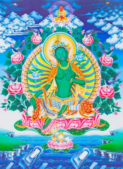 Bild som föreställer den gröna Tara, moderns beskyddare från alla faror i tillvarons hav (gouache på tyg) av School Nepalese