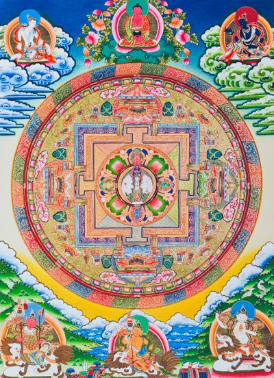 Mandala med tusen armar Avalokiteshvara; den heliga, magiska cirkeln som visar den elva huvuden Bodhisattvan som symboliserar oändlig medkänsla (gouache på tyg) av School Nepalese