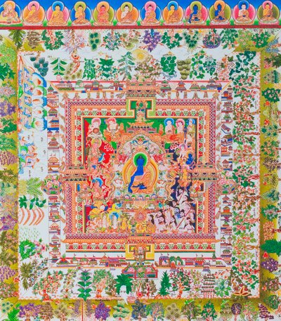 Medicine Buddha Mandala, mittfiguren av Bhaisajyaguru representerar den högsta helaren i klosterkläder med en skål som innehåller medicinalväxter (gouache på tyg) av School Nepalese