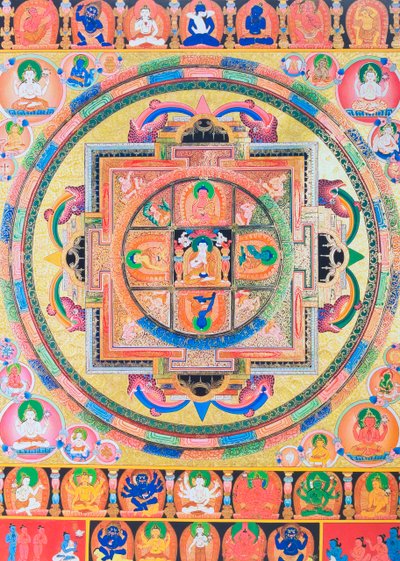 Pancha Buddha Mandala, skildrar fem former av Buddha som symboliserar fem sorters visdom (gouache på tyg) av School Nepalese