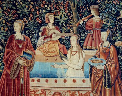 Herrskapets ridå: badet. Detalj. Gobeläng av ull och siden tillverkad omkring 1520 i Nederländerna. Sön 2,8x2,6 m Paris, medeltidens nationalmuseum, Thermes de Cluny av School Netherlandish