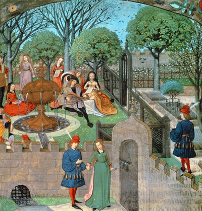 Harl 4425 f.12v Trädgårdsscen, älskaren och damen Oyseuse (Idleness) utanför trädgårdens väggar, från 
