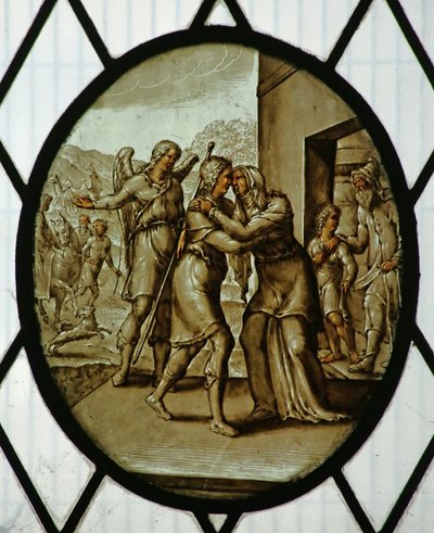 Roundel: Tobias återvänder till Sarah (målat glas) av School Netherlandish
