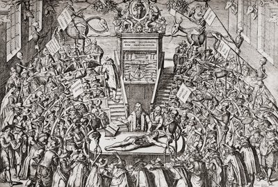 Studenter på en anatomilektion vid universitetet i Leiden, från "Geschiedenis van Nederland", pub. 1936 (tryck) av School Netherlandish
