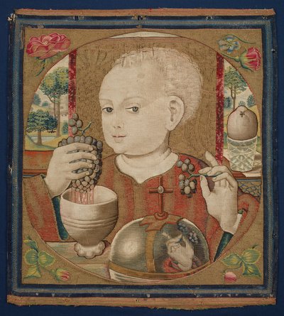 The Infant Christ Pressing the Wine of the Eucharist, c.1500 (linnevarp, ull, siden och förgyllda inslagsgarn) av School Netherlandish