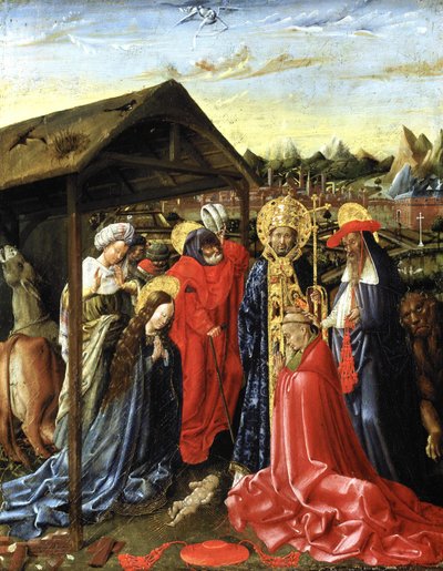 Födelsekyrkan med SS. Sixtus (?) och Jerome och en kardinal (olja på panel) av School Netherlandish