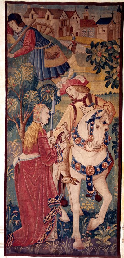 Jaktens återkomst. En gentleman erbjuder spel till en ung dam. Gobeläng från Nederländerna av School Netherlandish