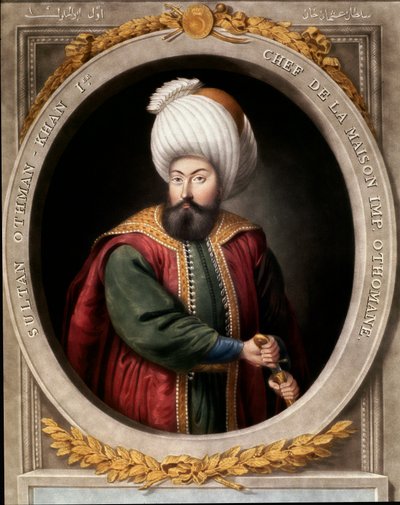 Osmanska riket: porträtt av den första osmanska sultanen Osman I (1299-1326). Topkapi Sarayi Istanbul bibliotek av School Ottoman