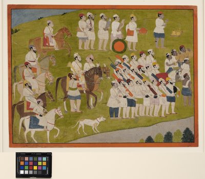 En Bhoti-prins förbereder sig för jakten, ca 1800 (ogenomskinlig w/c på papper) av School Pahari
