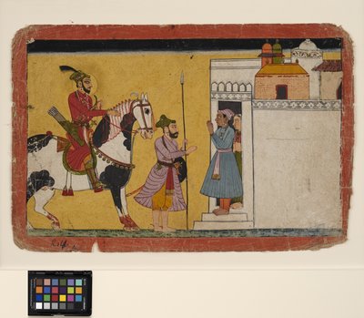 En prins som jagar stannar vid dörren till ett hem, ca 1700 (ogenomskinlig w/c och guld på papper) av School Pahari