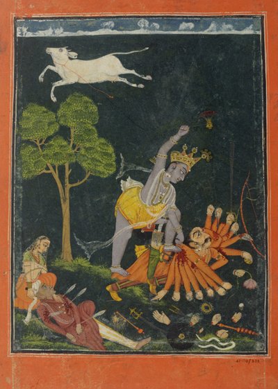 Parasurama dödar Karttavirya Arjuna, Chamba eller Bilaspur, Himachal Pradesh, ca 1750-60 av School Pahari
