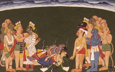 Rama och Lakshmana attackerade med nagapasa, från "Sangri Ramayana", Kulu-Mandi, Himachal Pradesh av School Pahari