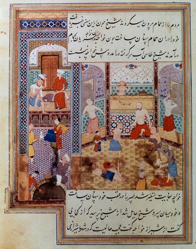Grupp män i hamam persisk miniatyr från manuskript 2743, Paris, B.N. av School Persian