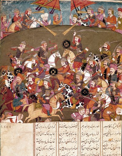 Islamisk konst: stridsscen. Persisk miniatyr från ett manuskript av den episka dikten "Shahnameh"" (Shah Nama, Shahnama) (Kungarnas bok) av Ferdowsi (Firdawsi, eller Ferdawsi, eller Firdousi, ca 940-cirka 1020) Biblioteca Nazionale Neapel av School Persian