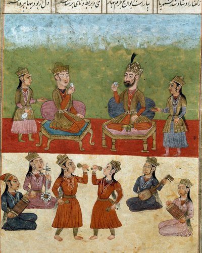Islamisk konst: konsert och underhållning i ett harem. Persisk miniatyr från ett manuskript av den episka dikten "Shahnameh"" (Shah Nama, Shahnama) (Kungarnas bok) av Ferdowsi (Firdawsi, eller Ferdawsi, eller Firdousi, ca 940-cirka 1020) Biblioteca Naziona av School Persian