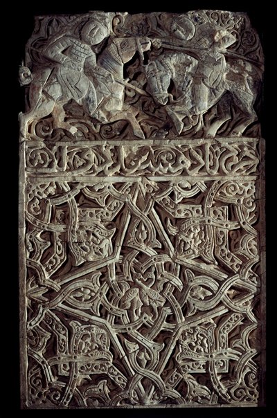 Persisk konst: stuckatur panel dekorerar arabesker och två ryttare slåss. Seattle. Konstmuseum av School Persian