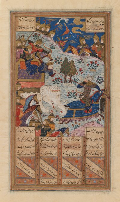 Rustum Lassoes the Khagan of China, folio från ett manuskript av Shahnama av Ferdowsi (bläck, ogenomskinlig akvarell & guld på papper) (se även 364076) av School Persian