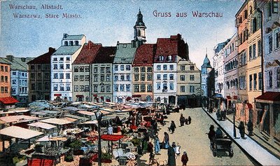 Vykort föreställande Old Town Market Place i Warszawa, ca 1910 (färg litho) av School Polish