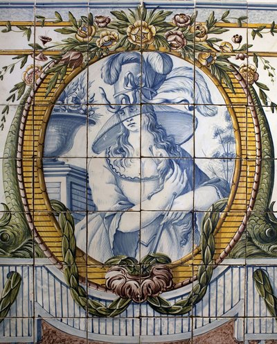 Prydnadspanel med ett porträtt av en kvinna, Royal factory of Louca, en Ratio, fajans polykrom av School Portuguese