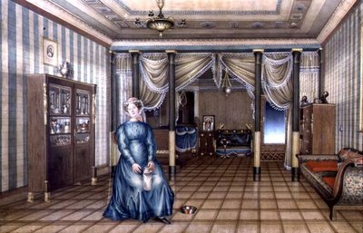A Spinster i en nyklassisk vardagsrumsinteriör, ca 1835 (akvarell med förhöjning på papper) av School Russian