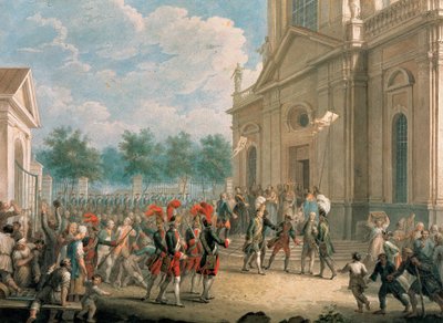 Katarina II (1729-1796) på trappan till katedralen i Kazan (Sankt Petersburg), välkomnad av prästerskapet på dagen för hennes trontillträde, 28 juni 1762. (Catherine II på trappan till katedralen i Kazan, hälsad av Prästerskapet på Dagen o av School Russian