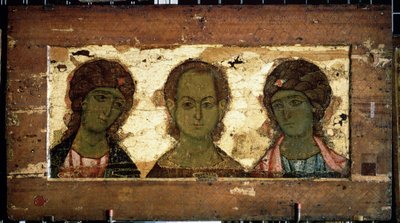 Kristus Emmanuel omgiven av ärkeänglarna Mikael och Gabriel (Kristus Emmanuel med ärkeänglarna Mikael och Gabriel). Rysk ikon, tempera på trä, sent 1100-tal. Konst av Vladimir (Ryssland). State Tretyakov Gallery, Moskva (Ryssland). av School Russian