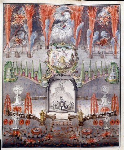 Fyrverkerier och belysning den 17 september 1747 i Gostilitsy (Ryssland). Anonymt verk, kopparstick färgad i akvarell, mitten av 1700-talet. rysk konst av School Russian