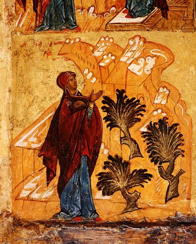 Ikon som föreställer Jungfrun som ber i öknen, ca 1550 (tempera och bladguld på panel) (detalj av 314500) av School Russian