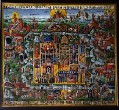 Jerusalem, Israel). Representation av det heliga landets stad, med platserna för Jesu liv från Nasaret som beskrivs i Bibeln (uppstigning till templet, passion, korsfästelse och uppståndelse) samt Heliga gravens kyrka (eller basilikan i den heliga graven). av School Russian