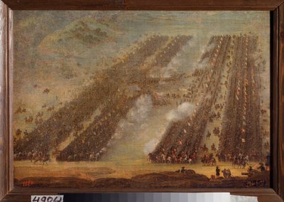 Slaget vid Poltava (Pultawa) den 8 juli 1709. (Rader av kavalleri drabbar samman under det stora norra kriget (1700-1721), Peter I av Rysslands armé (1672-1725) mot Karl (Karl) XII:s trupper av Sverige (1682-1718) Målning av en av School Russian