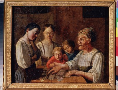 Spåmannen. (Gammal kvinna förutspår framtiden i kort). Målning av en rysk mästare, olja på kartong, tidigt 1800-tal. Ryska statens museum, Sankt Petersburg. av School Russian
