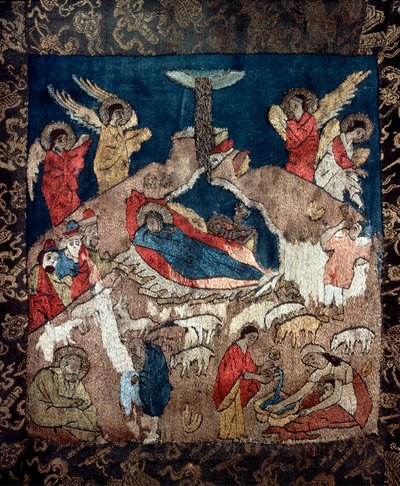 La nativite (Nativity) - Detalj av ett hölje av en rysk mästare, ull, siden och guld- och silvertrådar av School Russian
