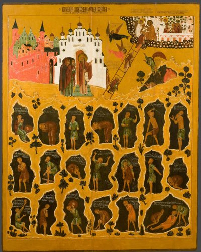 ""The vision of Saint John Climacus"" Längst upp till höger representeras den heliga stegen för Saint John the Sinaiticus - Den representerar munkarna som når toppen av stegen och de som faller i helvetet - rysk ikon från början av 1500-talet S av School Russian