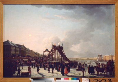 Den stora åtta (berg-och-dalbanan) på Neva i Sankt Petersburg. (Efemär rutschkana för vintersäsongen). Målning av en rysk mästare, olja på duk av School Russian