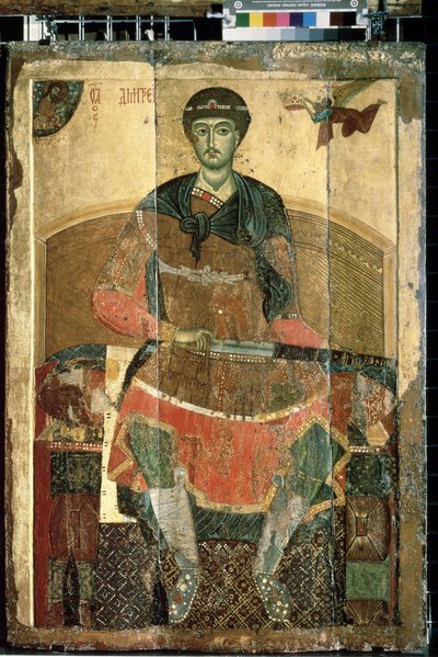""Den kristna martyren Saint Demetrios av Thessalonika tronade"" Rysk ikon. Målning på trä från början av 1200-talet State Tretyakov Gallery, Moskva av School Russian
