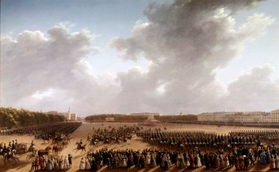 Parad på Champs de Mars, i förgrunden Alexander Pushkin (Pushkin) (1799-1837) och Nicolas I (1796-1855) på en häst som går fram till imperatrisen i en vagn i Paris Målning av den ryska skolan. 1825-1830. Sankt Petersburg, Museum of av School Russian