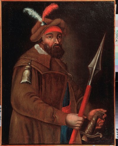 Porträtt av kosackledaren Yermak Timofejevitj (född mellan 1532 och 1542-1585), erövrare av Sibirien. Anonym målning, olja på duk, tidigt 1700-tal. Statens konstmuseum, Tomsk (Ryssland). av School Russian