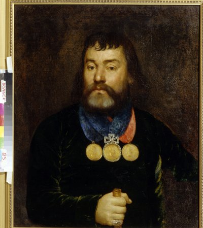 Porträtt av poeten Constantin Zlobin (1777-1813). Stolt klädd i tre guld- och diamantmedaljer runt halsen. Anonym målning, olja på duk, tidigt 1800-tal. rysk konst av School Russian