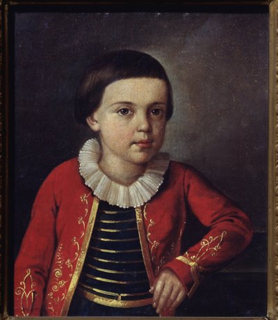 Porträtt av poeten Mikhail Lermontov (1814-1841), barn. Målning av en rysk mästare, olja på duk av School Russian