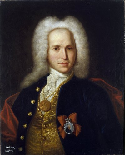 Porträtt av vetenskapsmannen, militäringenjören och uppfinnaren Andrey Nartov (1683-1756). (Porträtt av vetenskapsmannen, militäringenjören och uppfinnaren A. Nartov). Anonym målning, olja på duk, ca 1725. Rysk konst av School Russian