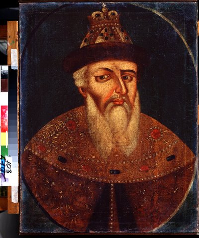Porträtt av tsaren Ivan IV den förskräcklige (1530-1584) (Porträtt av tsaren Ivan IV den förskräcklige). Anonym målning, olja på duk, 68 x 53 cm, tidigt 1700-tal. Statens konstmuseum, Nizhny Tagil, Ryssland. av School Russian